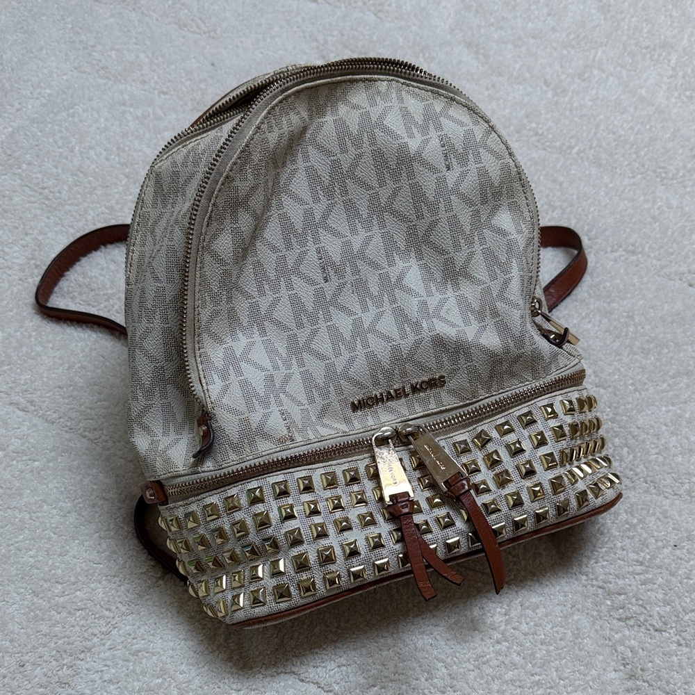 Michael Kors Beige and Brown Studded Backpack